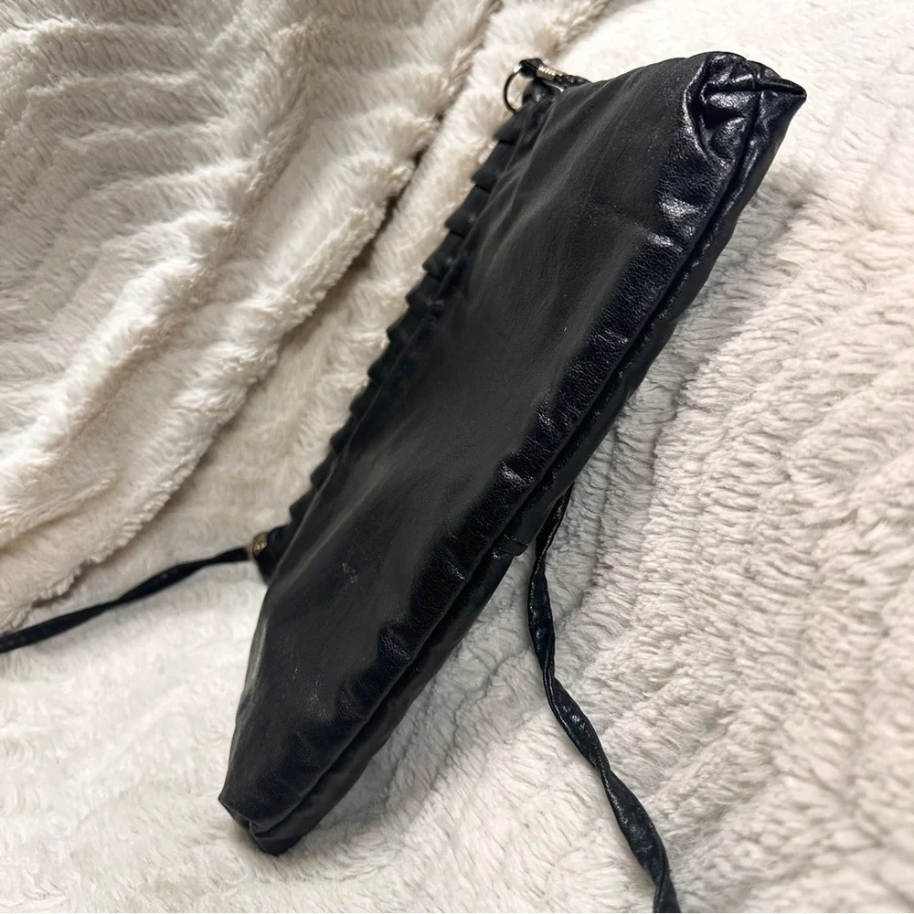 Vintage Chic Black Leather Clutch with strap, Metal inside makes diamond opening
